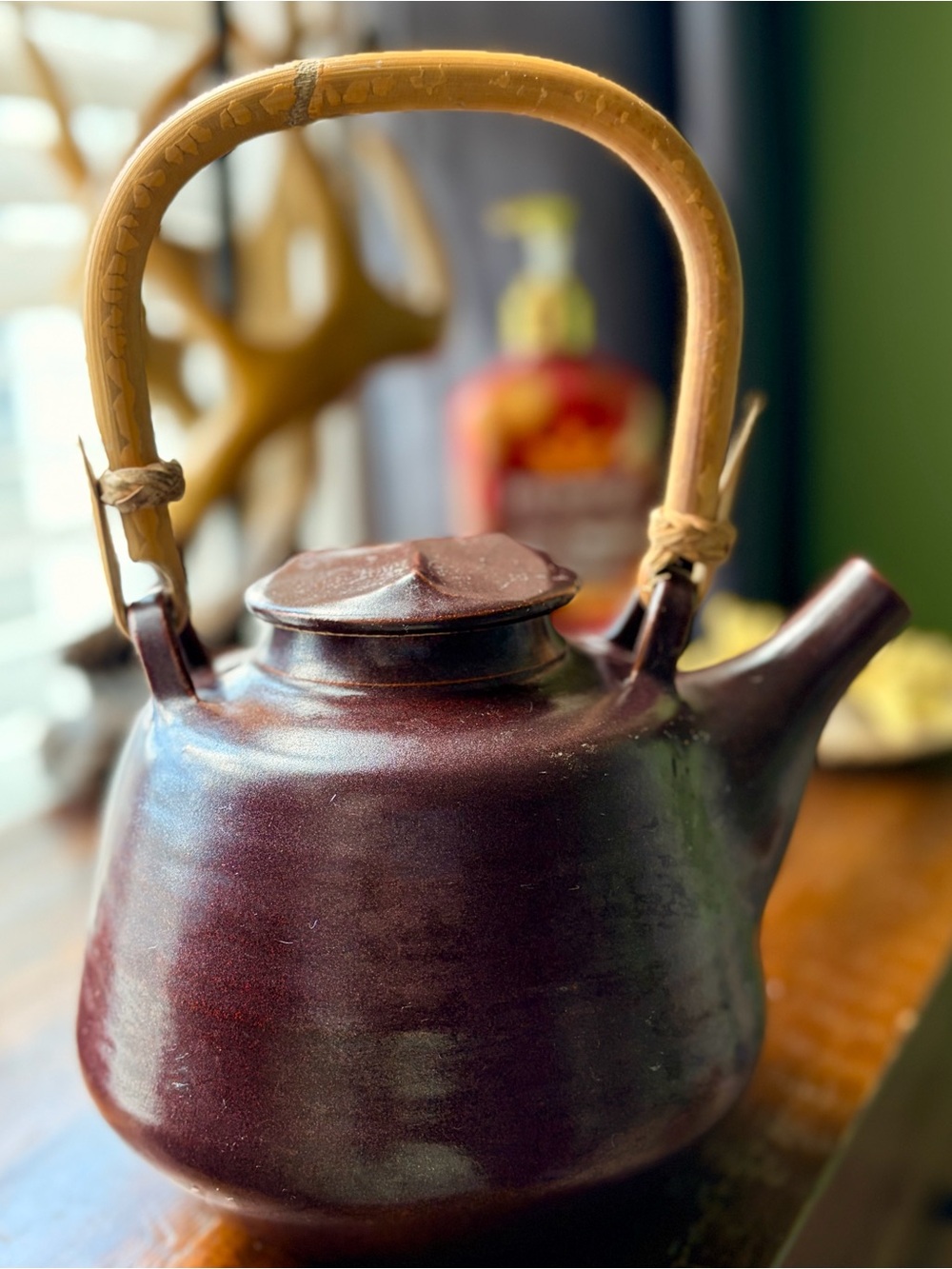 Vintage Pottery Ceramic Burgundy Oriental Teapot Kettle with Bamboo Handle - Picture 2 of 9